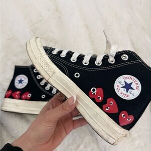 Converse Black High Top Sneakers with Red Heart Graphics